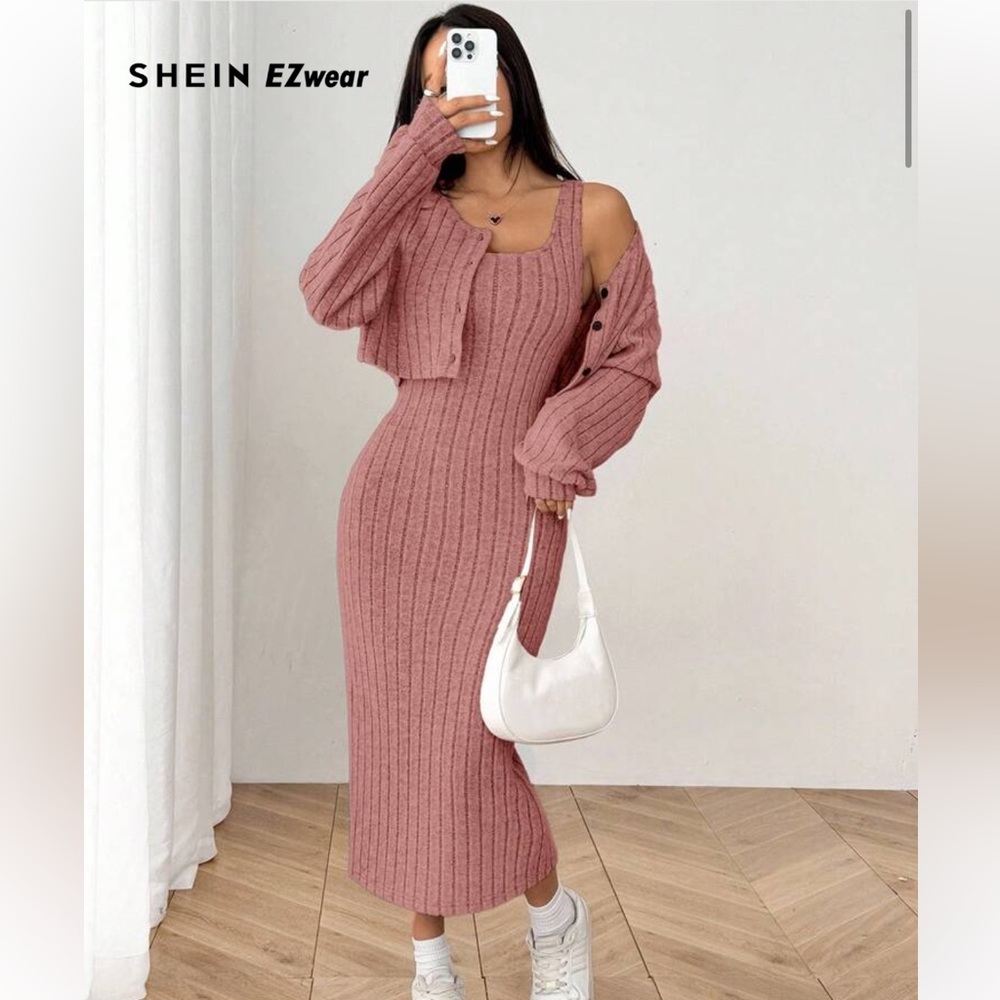 SHEIN Dusty Rose Ribbed Midi Dress with Cardigan